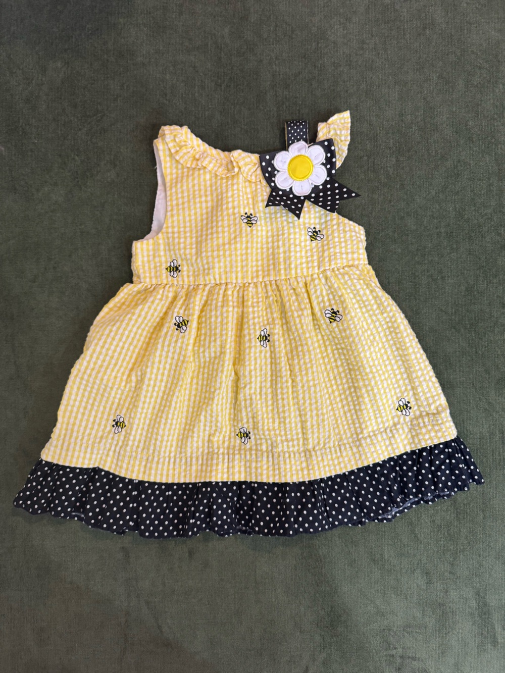 Counting Daisies Yellow Bee Embroidered Gingham Dress with Polka Dot Trim